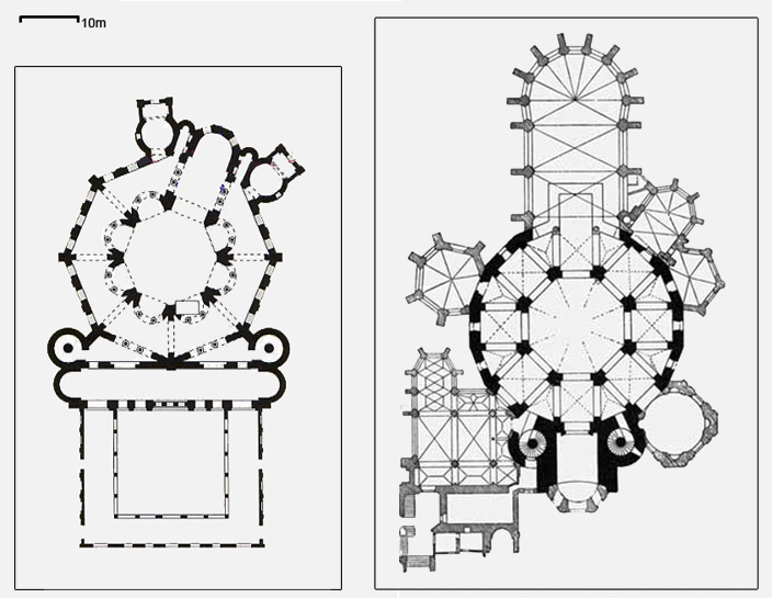 Plans of the church of St Vitale in Ravenna, dating from the 6th century, (left) and Charlemagne's palace at Aachen, constructed in the early 9th century, (right). The similarities between the architecture (not just the decoration) of the two buildings shows that the design of the later building consciously looked to the earlier building as a source of inspiration.